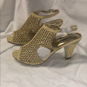 Gold Crystal Peep Toe Low Heels Dress Shoes